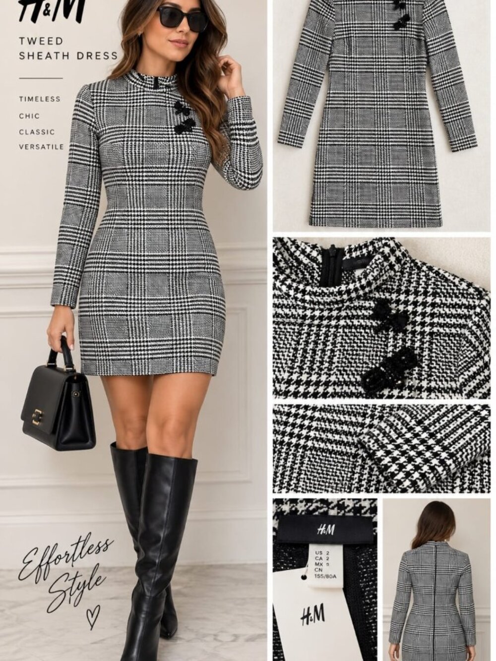 H&M Black and White Houndstooth Tweed Dress